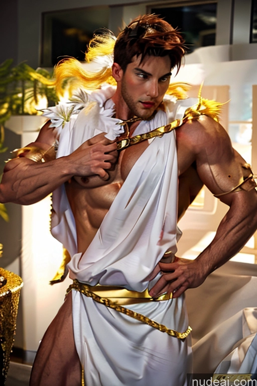 Bodybuilder Weihnachtsmann Menstoga, weiße Roben, in weiß-goldenem Kostüm, golde