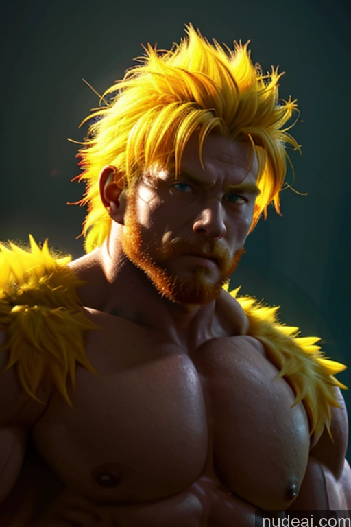 ai nude image of arafed man with yellow hair and a beard posing for a picture pics of Super Saiyan 4 Super Saiyan Bodybuilder EdgHalo_armor, Power Armor, Wearing EdgHalo_armor,