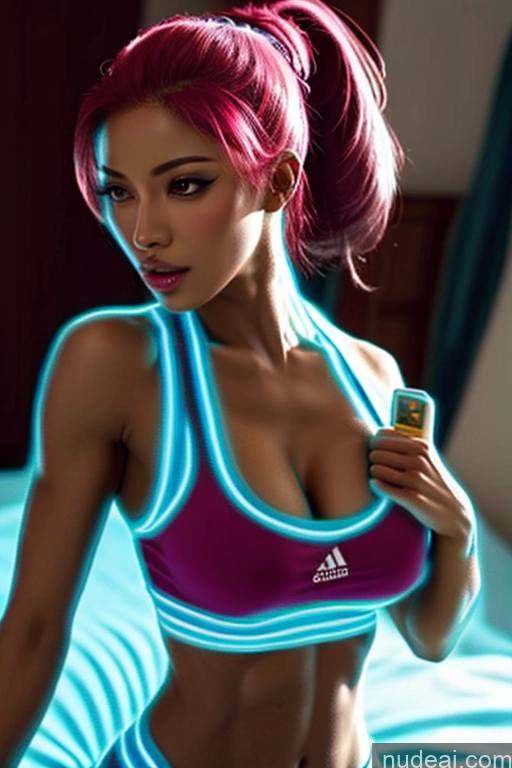 ai nude image of arafed woman in a sports bra top holding a cell phone pics of Miss Universe Model One Perfect Boobs Muscular 20s Sexy Face Pink Hair Ponytail African Bedroom Front View Neon Lights Clothes: Blue