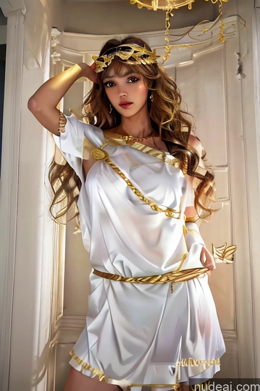 Bangs Wavy Hair Looking At Sky Nude Menstoga, White Robes, In White And Gold Costumem, Gold Headpiece, Gold Belt, Gold Chain