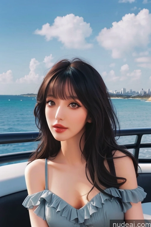 ai nude image of a close up of a woman in a gray dress sitting on a boat pics of Bangs Wavy Hair Looking At Sky ChloeNightWing