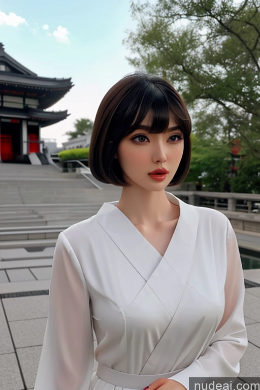 ai nude image of araffe woman in white dress standing in front of a building pics of Looking At Sky Hime Cut Two Geisha