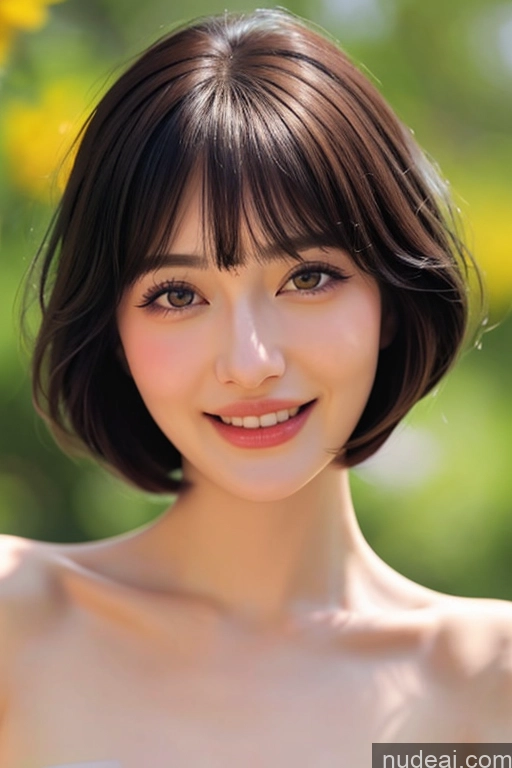 ai nude image of a close up of a woman with a short hair and a white dress pics of Hime Cut Ruru Meadow Happy