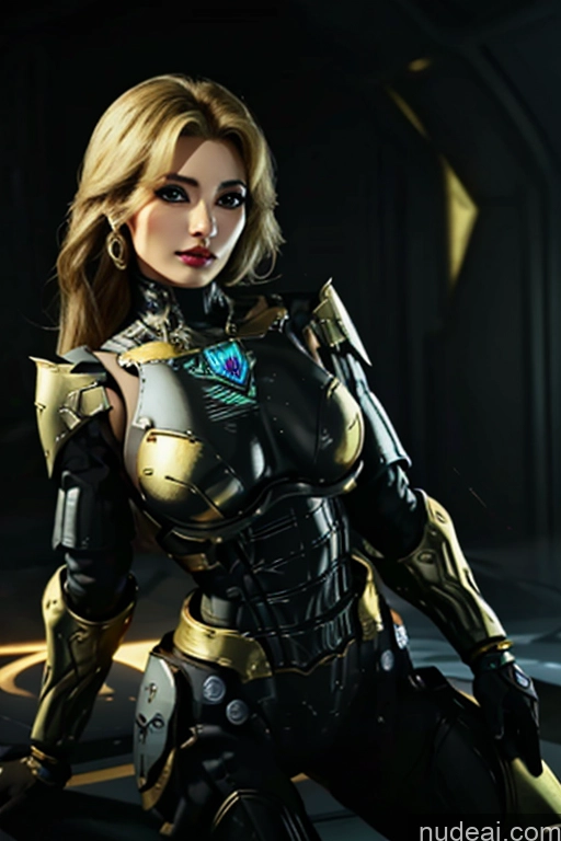 ai nude image of arafed woman in a futuristic suit sitting on a platform pics of BarbieCore Diamond Jewelry Gold Jewelry EdgHalo_armor, Power Armor, Wearing EdgHalo_armor,