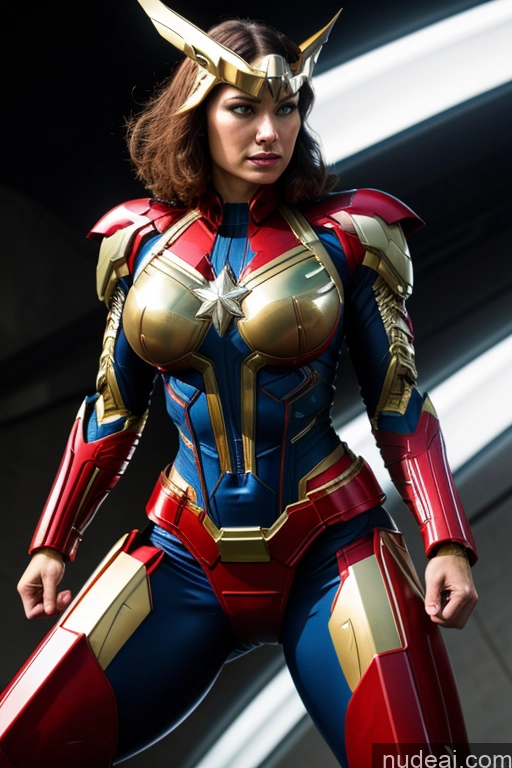 ai nude image of araffe woman in a costume with a sword and armor pics of Superhero Captain Marvel SuperMecha: A-Mecha Musume A素体机娘 Woman Busty Muscular Abs Front View