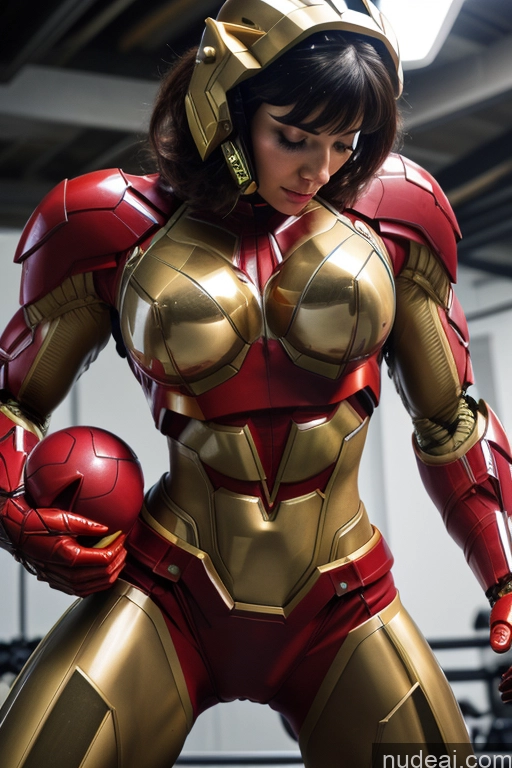 ai nude image of araffed woman in a gold and red costume holding a basketball pics of Superhero Captain Marvel SuperMecha: A-Mecha Musume A素体机娘 Woman Busty Abs Front View Bodybuilder Blonde Muscular
