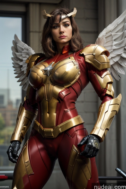 ai nude image of araffe woman in a costume with wings and a halo pics of Superhero Captain Marvel SuperMecha: A-Mecha Musume A素体机娘 Woman Busty Abs Front View Bodybuilder Muscular Has Wings Angel