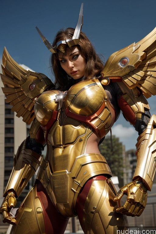 ai nude image of araffe woman in a gold armor with wings and a sword pics of Superhero Captain Marvel SuperMecha: A-Mecha Musume A素体机娘 Woman Busty Abs Front View Bodybuilder Muscular Has Wings Angel