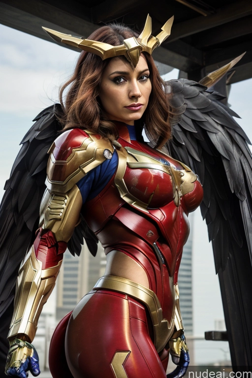 ai nude image of araffe woman dressed in a costume with wings and armor pics of Superhero Captain Marvel SuperMecha: A-Mecha Musume A素体机娘 Woman Busty Abs Front View Bodybuilder Muscular Has Wings Angel
