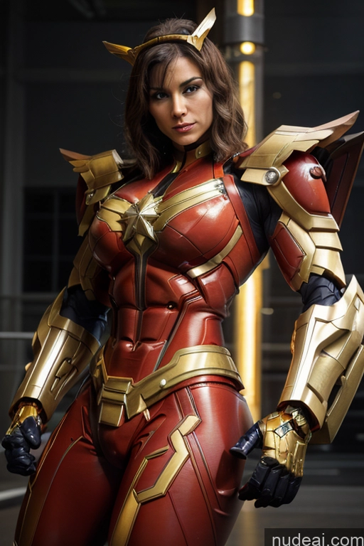 ai nude image of araffe woman in a red and gold costume posing for a picture pics of Superhero Captain Marvel SuperMecha: A-Mecha Musume A素体机娘 Woman Busty Abs Front View Bodybuilder Muscular Has Wings Angel