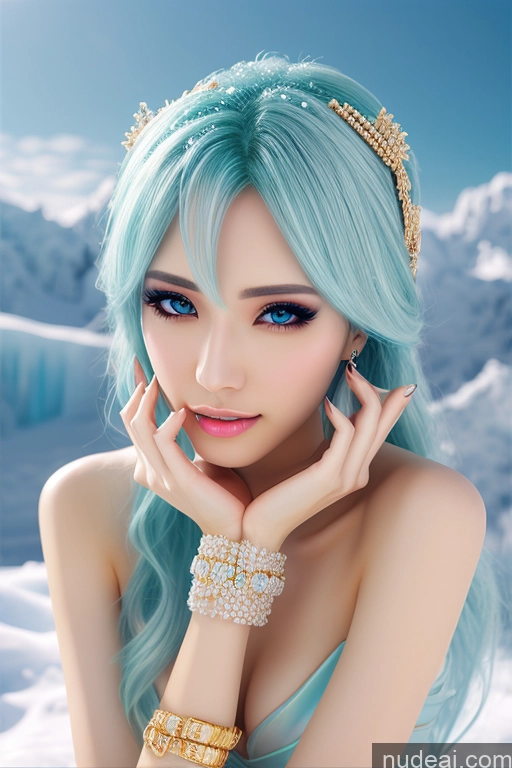 ai nude image of arafed woman with blue hair and a tiable posing for a picture pics of Elemental Series - Ice Snow Diamond Jewelry Gold Jewelry Pearl Jewelry Transparent Hatsune Miku