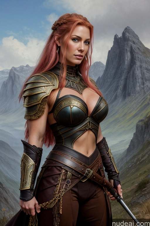 ai nude image of arafed woman in armor with sword and sword in front of mountains pics of Dark Lighting Gold Jewelry Viking Traditional Steampunk Medieval Leather Fantasy Armor Braided Scandinavian Dark_Fantasy_Style Dark Fantasy Meadow Mountains Straddling Busty Muscular Russian Art By Boris Vallejo Boris Vallejo Art Style Fantasy Style Jeff Easley Goth Paladin Fashion Two Sorority Ginger Pink Hair