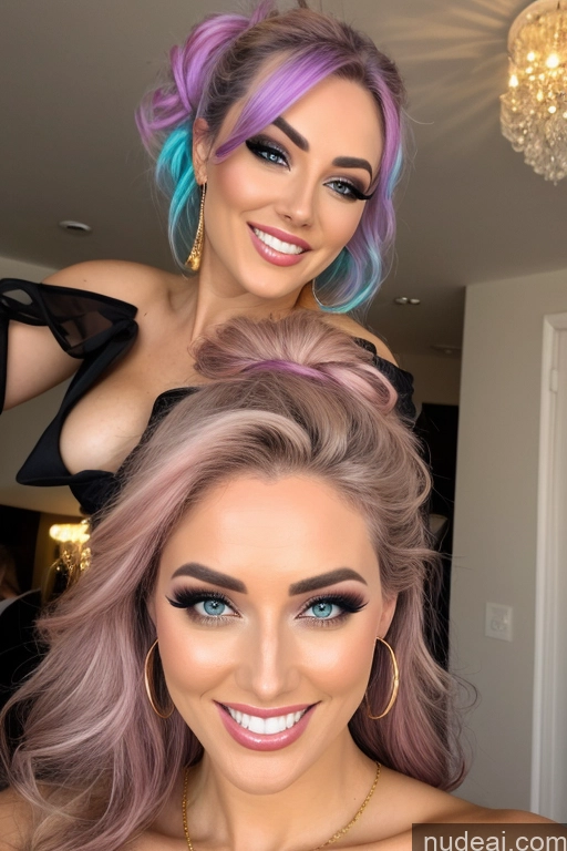 ai nude image of arafed woman with purple hair and blue eyes posing for a picture pics of Several Happy Straddling Gold Jewelry Diamond Jewelry Busty Rainbow Haired Girl