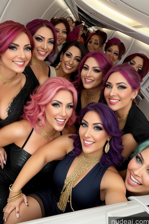 ai nude image of several women with colorful hair are posing for a picture on a plane pics of Several Happy Straddling Busty Rainbow Haired Girl Angel Diamond Jewelry Gold Jewelry Flight Attendant