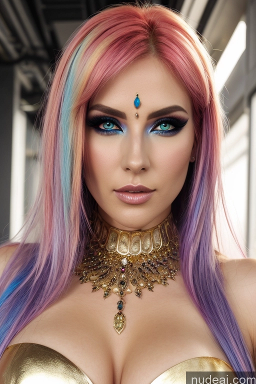 ai nude image of araffe with colorful hair and a choke and a choke necklace pics of Busty Rainbow Haired Girl Fantasy Armor Transparent Gold Jewelry Diamond Jewelry