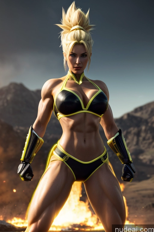 vollbusig Vorderansicht Kampfkunst muskulös Neonlicht-Kleidung: gelb Cosplay Sci