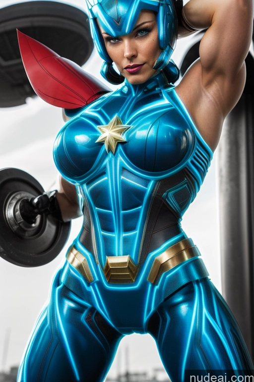 related ai porn images free for Woman Busty Muscular Blue Hair Deep Blue Eyes Front View Superhero Neon Lights Clothes: Blue Cosplay Captain Marvel Science Fiction Style Abs SuperMecha: A-Mecha Musume A素体机娘