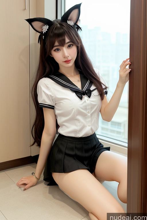 ai nude image of there is a woman in a sailor outfit posing for a picture pics of Ahri, 1girl, Long Hair, Animal Ears, Whisker Markings, Korean Clothes, Cleavage, Detached Sleeves Scissors Pose JK Uniform