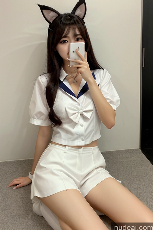 ai nude image of woman wearing white shirt and shorts with cat ears taking a selfie pics of Ahri, 1girl, Long Hair, Animal Ears, Whisker Markings, Korean Clothes, Cleavage, Detached Sleeves Scissors Pose JK Uniform