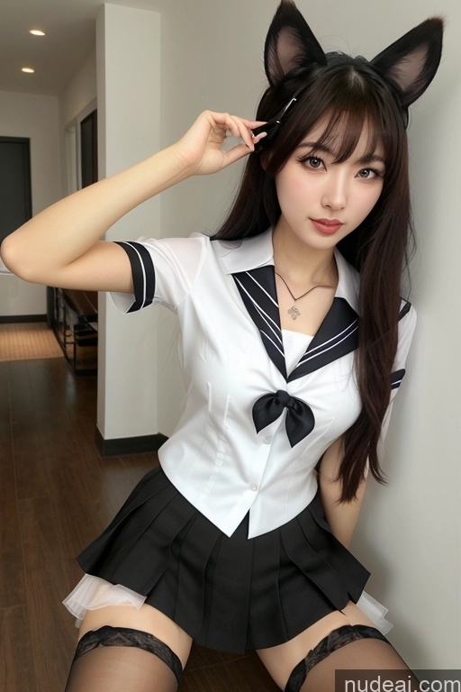 ai nude image of arafed asian woman in a sailor outfit posing for a picture pics of Ahri, 1girl, Long Hair, Animal Ears, Whisker Markings, Korean Clothes, Cleavage, Detached Sleeves Scissors Pose JK Uniform