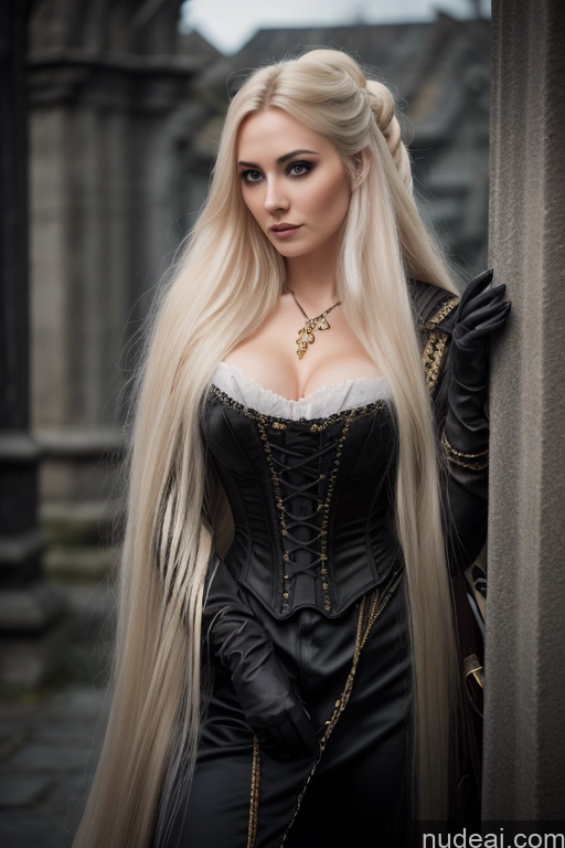 ai nude image of blond woman in black corset and long blonde hair posing for a picture pics of Detailed Dark Lighting Gold Jewelry French Musketeer Dress Victorian Vampire Satin Corset Dark_Fantasy_Style Swedish Messy Seductive Fairer Skin Film Photo Dark Fantasy Church Moon Prison Goth Halloween Medieval White Big Hips Long Hair Blonde Scandinavian French Busty