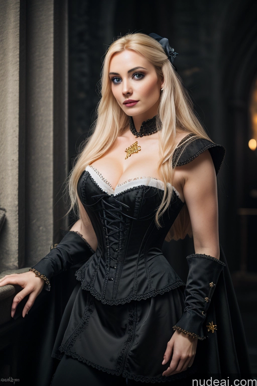 ai nude image of blond woman in black corset and black dress posing for a picture pics of Dark Lighting Gold Jewelry French Musketeer Dress Victorian Vampire Satin Corset Dark_Fantasy_Style Swedish Seductive Fairer Skin Film Photo Dark Fantasy Church Moon Prison Goth Halloween Medieval White Big Hips Blonde Scandinavian French Busty Wedding Nun Cleavage Alternative Niqab