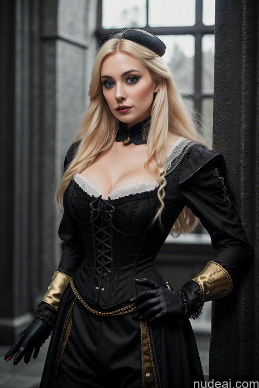 ai nude image of blond woman in black corset and black gloves posing for a picture pics of Dark Lighting Gold Jewelry French Musketeer Dress Victorian Vampire Satin Corset Dark_Fantasy_Style Swedish Seductive Fairer Skin Film Photo Dark Fantasy Church Moon Prison Goth Halloween Medieval White Big Hips Blonde Scandinavian French Busty Wedding Nun Cleavage Alternative Niqab