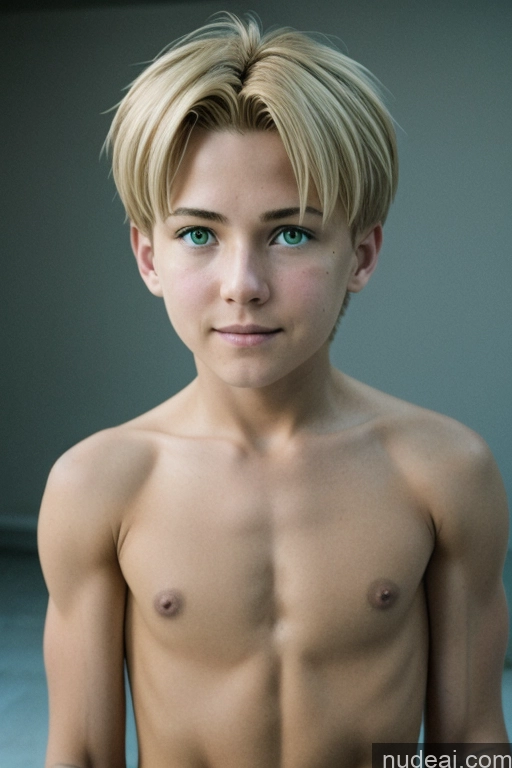 ai nude image of blond boy with green eyes and no shirt posing for a picture pics of Cyborg Rudeus, Blond Hair, Boy