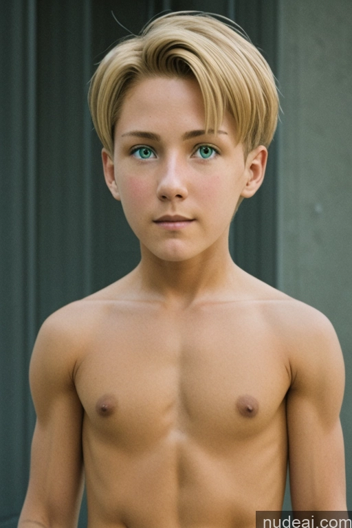 ai nude image of blond boy with blue eyes and no shirt posing for a picture pics of Cyborg Rudeus, Blond Hair, Boy