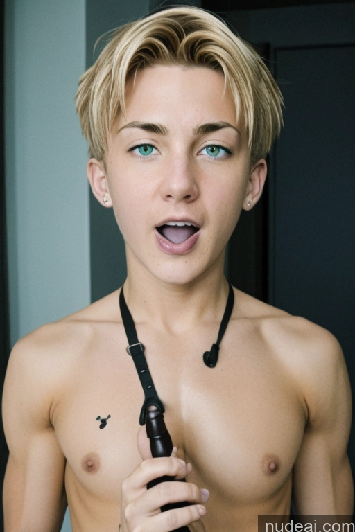 ai nude image of blond boy with blue eyes holding a black object in his hand pics of Cyborg Rudeus, Blond Hair, Boy Licking-nipple Handjob