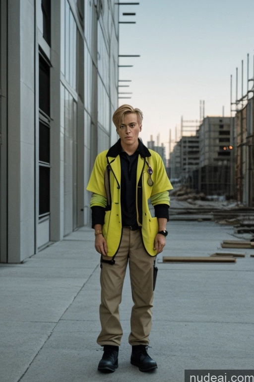 ai nude image of there is a man standing on a sidewalk in a construction site pics of Cyborg Rudeus, Blond Hair, Boy Doctor Construction Worker
