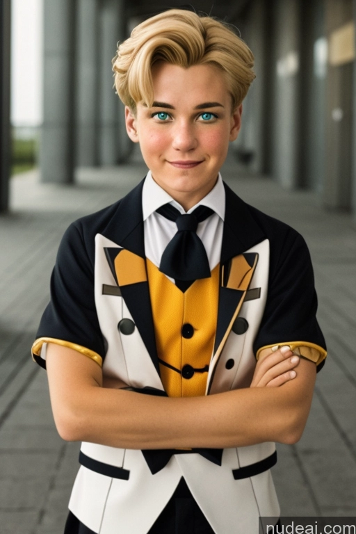 ai nude image of blond boy in a tuxedo and bow tie posing for a picture pics of Cyborg Rudeus, Blond Hair, Boy Clown