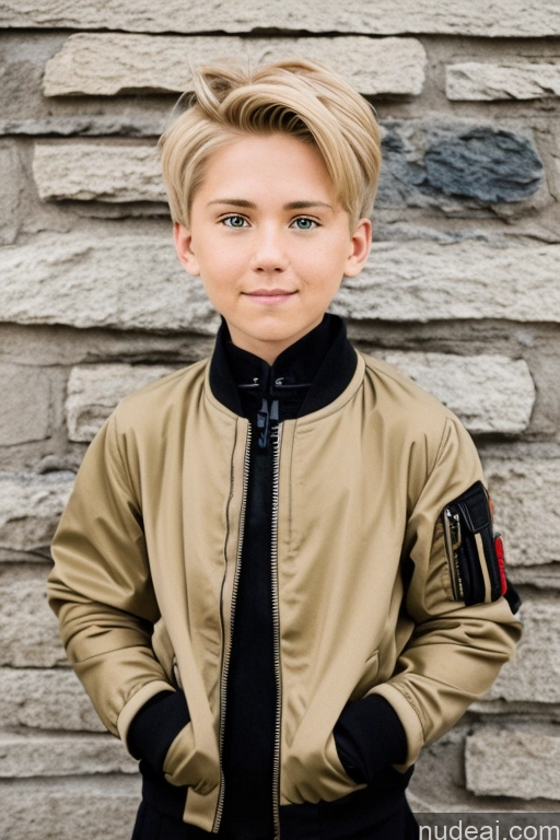 ai nude image of arafed boy in a tan jacket standing in front of a stone wall pics of Cyborg Rudeus, Blond Hair, Boy Bomber