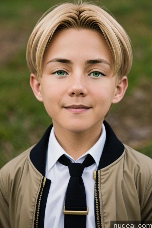 ai nude image of blond boy with green eyes and a tie looking at the camera pics of Cyborg Rudeus, Blond Hair, Boy Bomber