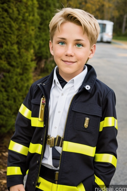 ai nude image of arafed boy in a firefighter's uniform standing in the street pics of Cyborg Rudeus, Blond Hair, Boy Firefighter