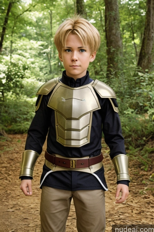ai nude image of arafed boy in a costume standing in the woods pics of Cyborg Rudeus, Blond Hair, Boy Fantasy Armor