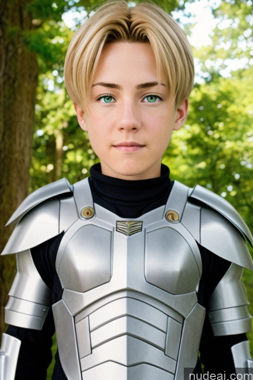 ai nude image of arafed woman in armor posing for a picture in a forest pics of Cyborg Rudeus, Blond Hair, Boy Fantasy Armor