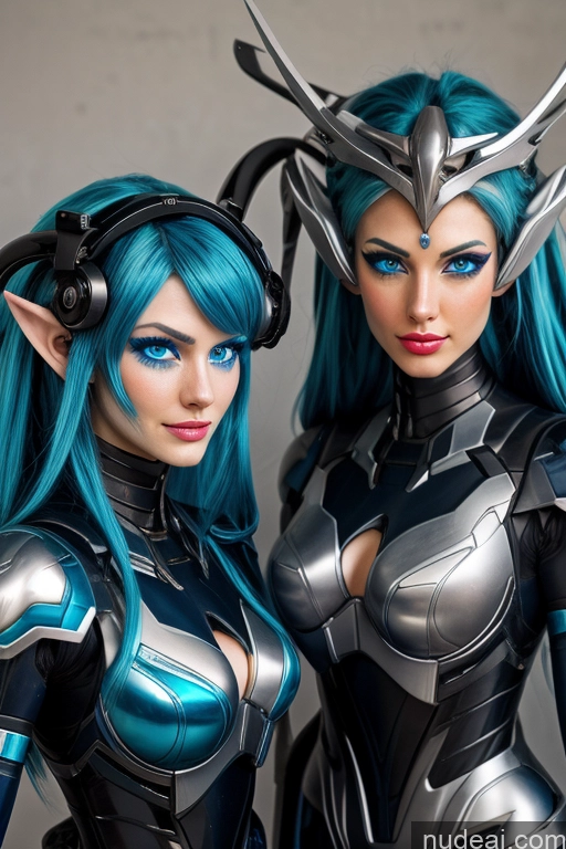 ai nude image of two women dressed in costumes with blue hair and horns pics of SSS: A-Mecha Musume A素体机娘 Deep Blue Eyes Rainbow Haired Girl Two Several