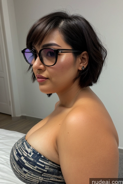 ai nude image of there is a woman with glasses on her face and a dress on pics of Milf Woman Model One Busty Glasses Big Ass Chubby Thick Perfect Body Short Hair 40s Orgasm Black Hair Bangs Asian Japanese Korean Film Photo Bedroom Back View Nude Cleavage Diamond Jewelry Bright Lighting Detailed On Back