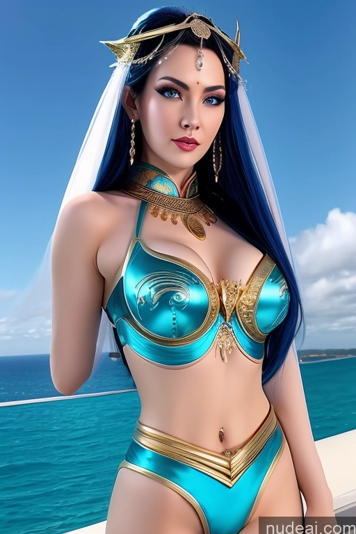 ai nude image of arafed woman in a blue bikini and gold jewelry posing on a balcony pics of MuQingQing Big Hips Gold Jewelry Diamond Jewelry Transparent Jewelry Pearl Jewelry Superhero Blue Hair Deep Blue Eyes Pink Hair