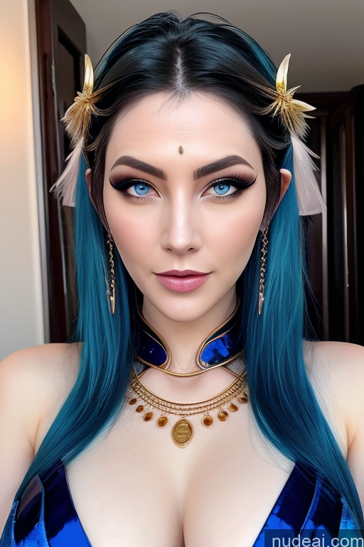 ai nude image of arafed woman with blue hair and a blue dress with gold accents pics of MuQingQing Big Hips Gold Jewelry Diamond Jewelry Transparent Jewelry Pearl Jewelry Superhero Blue Hair Deep Blue Eyes Pink Hair