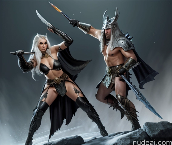 ai nude image of there are two women dressed in costumes standing on a rock pics of Death Knight Viking Medieval Bodysuit, Gloves, Belt, Thigh Boots Fantasy Style Jeff Easley Art By Boris Vallejo Boris Vallejo Art Style Dark_Fantasy_Style Dark Fantasy Illustration Miss Universe Model Detailed Woman + Man Perfect Body Elf Outfit/Elf Bikini Knight