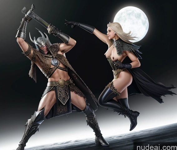 ai nude image of two sexy women in costumes are posing with swords and a full moon pics of Death Knight Viking Medieval Bodysuit, Gloves, Belt, Thigh Boots Fantasy Style Jeff Easley Art By Boris Vallejo Boris Vallejo Art Style Dark_Fantasy_Style Dark Fantasy Illustration Miss Universe Model Detailed Woman + Man Perfect Body Elf Outfit/Elf Bikini Knight