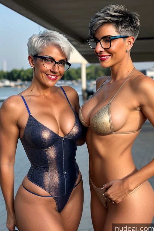 ai nude image of two women in swimsuits posing for a picture by the water pics of Milf Two Perfect Boobs Glasses Perfect Body Skinny Womb Tattoos 逼真私密纹身 80s Sexy Face Happy White Hair Short Hair Messy French 3d Paris Front View Nude High Heels Wine Gold Jewelry Detailed Properkissing