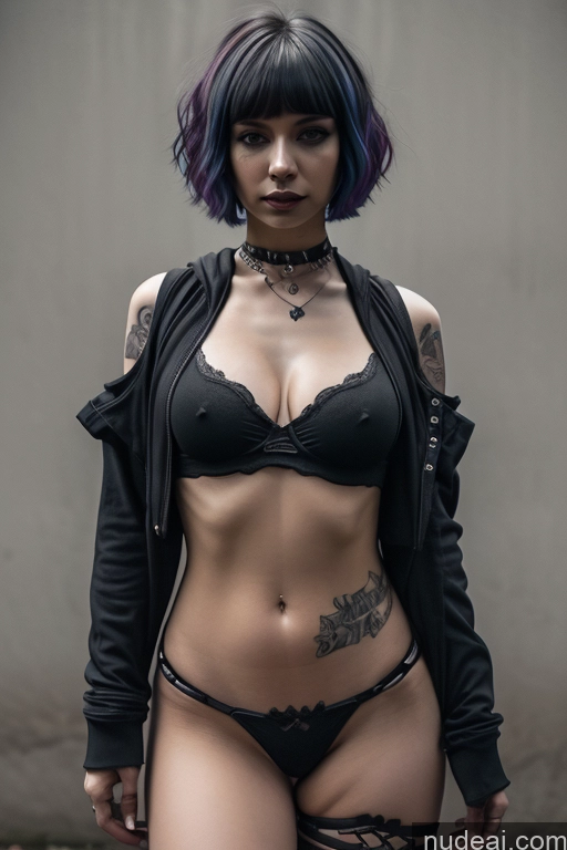 Gothic-Punk-Mädchen MILF perfekte Brüste kurzes Haar verkürzter Kapuzenpullover 