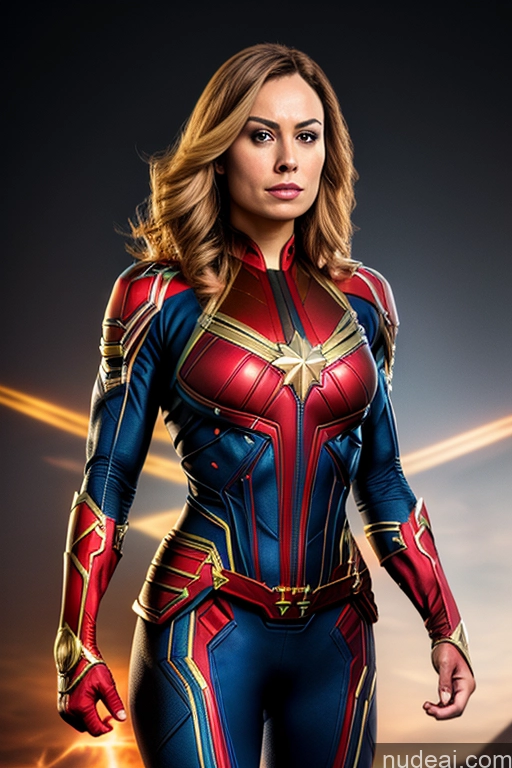 ai nude image of a woman in a suit is standing in front of a sunset pics of Regal Front View Muscular Busty Cosplay Superhero Captain Marvel
