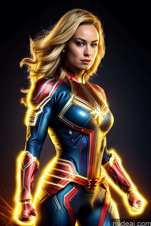 Regal Front View Muscular Busty Cosplay Superhero Captain Marvel Neon Lights Clothes: Yellow Neon Lights Clothes: Red Neon Lights Clothes: Orange Blonde Perfect Boobs Cyborg
