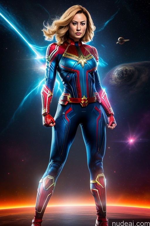 Busty Superhero Cosplay Captain Marvel Superheroine Muscular Science Fiction Style Space Dynamic View Heat Vision Neon Lights Clothes: Red Powering Up Neon Lights Clothes: Orange