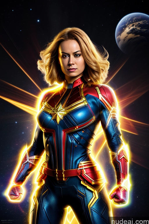Busty Superhero Cosplay Captain Marvel Superheroine Muscular Science Fiction Style Space Dynamic View Heat Vision Neon Lights Clothes: Red Powering Up Neon Lights Clothes: Orange Neon Lights Clothes: Yellow
