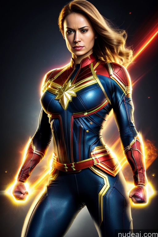 Busty Superhero Cosplay Captain Marvel Superheroine Muscular Science Fiction Style Space Dynamic View Heat Vision Neon Lights Clothes: Red Powering Up Neon Lights Clothes: Orange Neon Lights Clothes: Yellow Abs